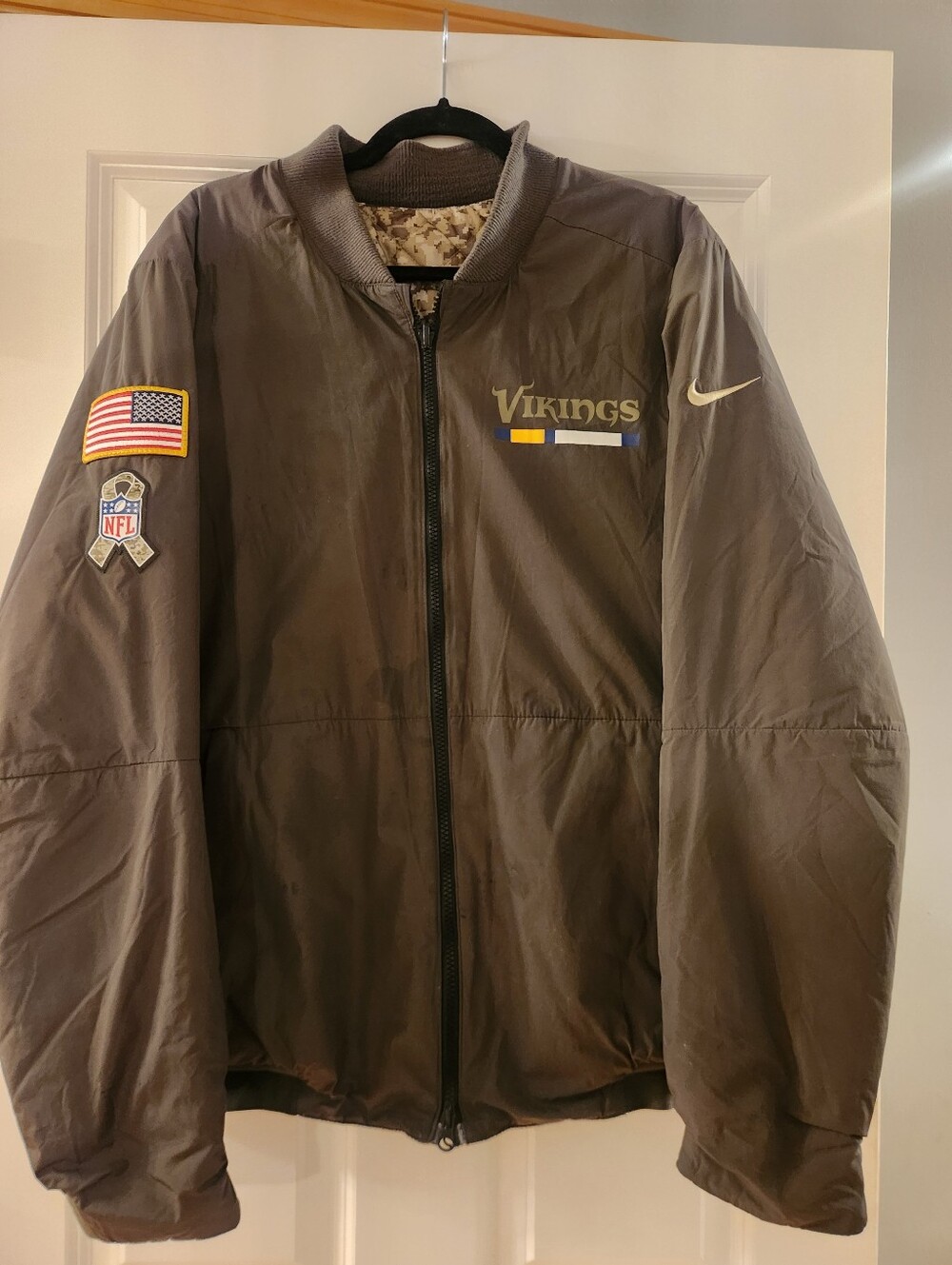Nike Vikings Olive Green Vikings Bomber Jacket, Reversible
